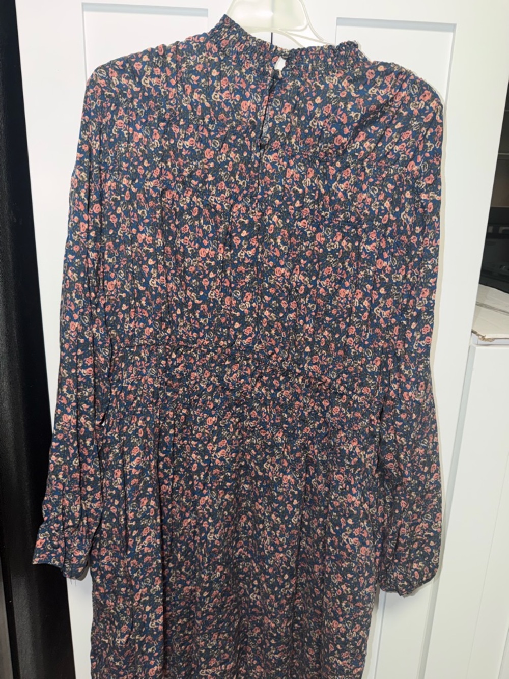 Floral Long Sleeve Smocked Waist Midi Skirt - Navy with Pink Floral.